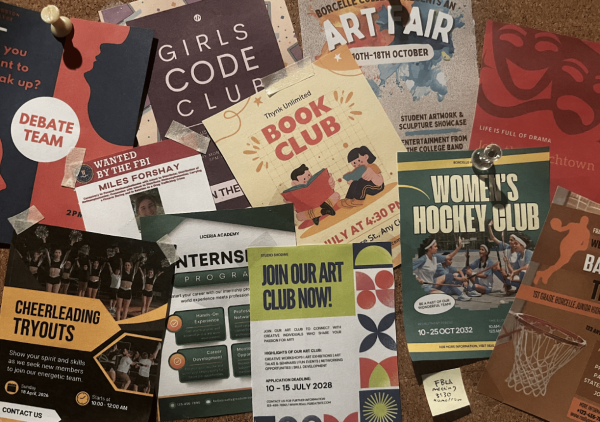 A bulletin board filled with various promotions for clubs. 
Photo courtesy of Maven Bolick.
